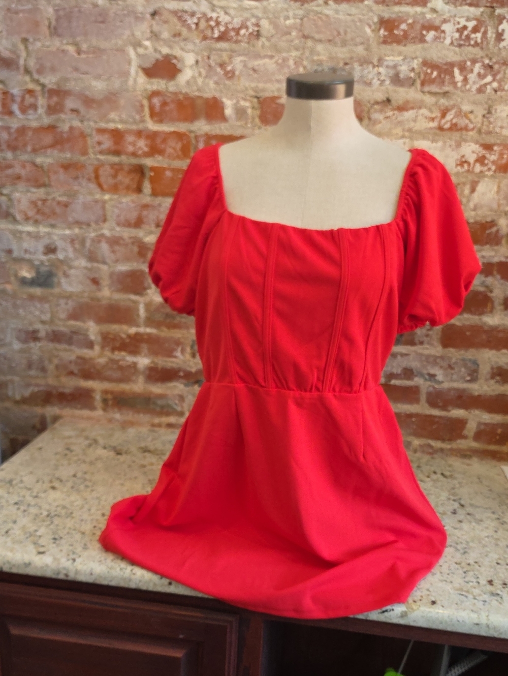 Francesca's Collections Red Square Neck Puff Sleeve Dress